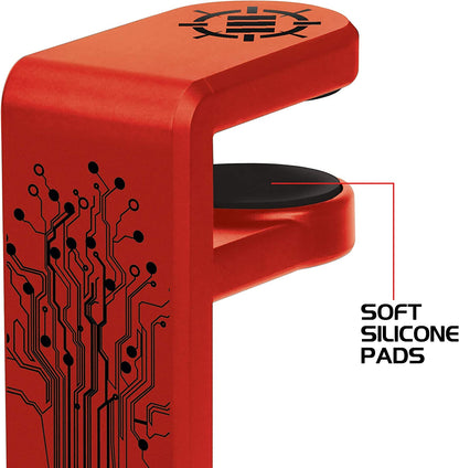 PC Gaming Headset Holder - Desk Headphone Hanger with Adjustable 360 Rotation, under Desk Headphone Hook Clamp, Universal Fit - Built in Cable Clip Organizer - Red